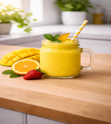 Mango smoothie met aardbei , sinaasappel en mango in een glas met een vrolijk rietje erbij