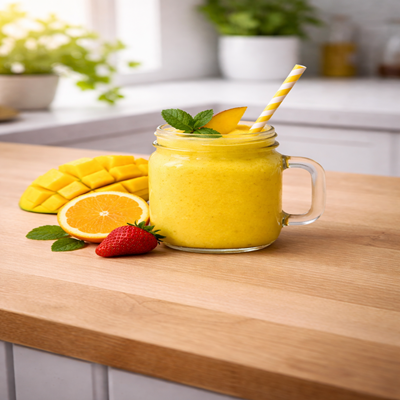 Mango smoothie met aardbei , sinaasappel en mango in een glas met een vrolijk rietje erbij