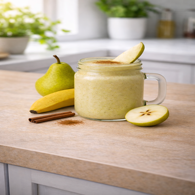 Pear Paradise Smoothie in een mooi glas en met vers fruit er om heen