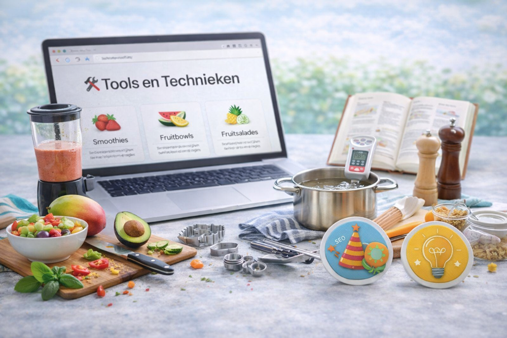 Illustratie van keukentools en kooktechnieken voor smoothies, salades en baksels