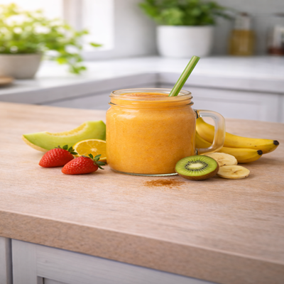 Tropical Smoothie: Een heerlijke tropische smoothie in een glas , gemaakt van banaan, aarbeien,appel en kiwi