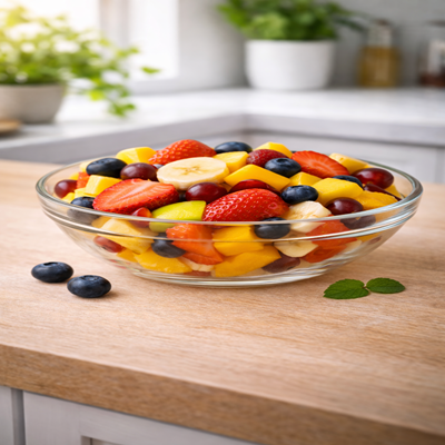 Zonenzon fruitsalade met zomerse fruitsmaken lichte en gezonde salade.