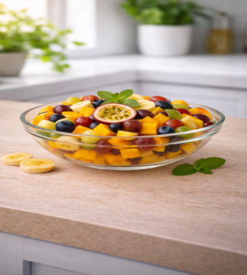 Zonnekus salade met zomers fruit, lichte en gezonde klassieke fruitsalade