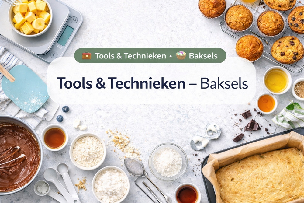 Bakgereedschap en ingrediënten zoals bloem, eieren, garde en bakvormen voor het maken van luchtige baksels en desserts.