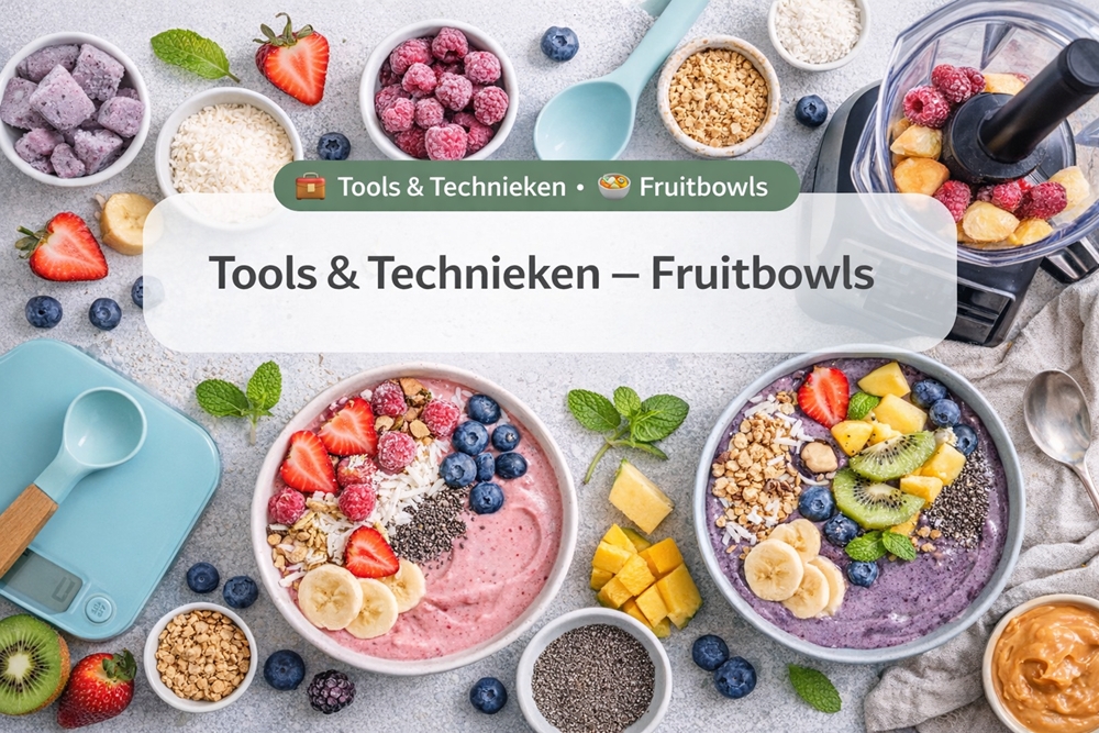 Keukenopstelling met fruitbowls, vers gesneden fruit, kommen en tools om kleurrijke en stevige fruitbowls te bereiden.