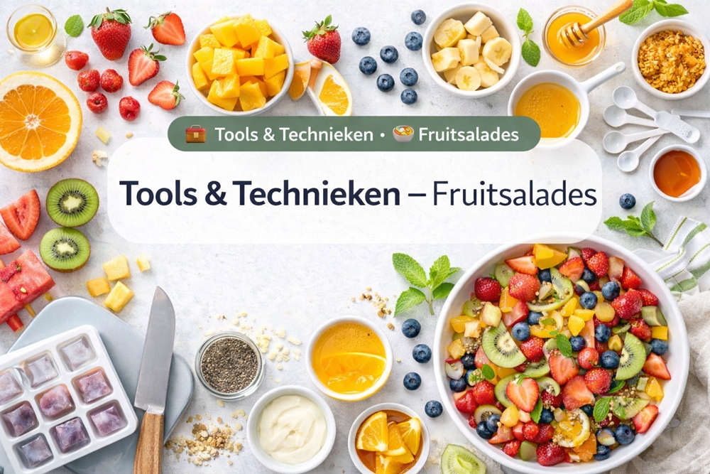 Ingrediënten en keukengerei voor fruitsalades met gesneden fruit, messen, kommen en frisse combinaties op een licht werkblad.