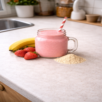 Aardbei spier smoothie, een heerlijke sportieve smoothie in een glas