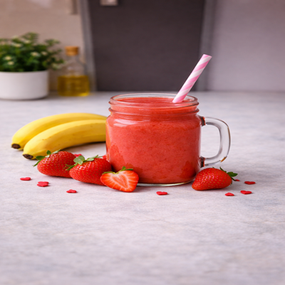 Love smoothie Aardbei Vuur met aardbei, framboos en een vleugje passievrucht.
