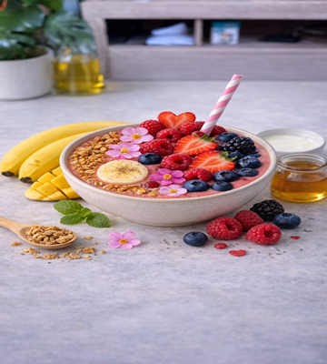 Berry Primavera Angelique Bowl met kleurrijke bessen – voedzame smoothie bowl.