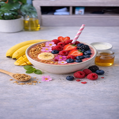 Berry Primavera Angelique Bowl met kleurrijke bessen – voedzame smoothie bowl.