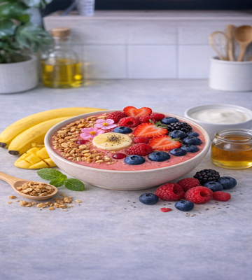 Berry Primavera Bliss Bowl met gemixte bessen, gezonde smoothie bowl