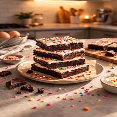 Birthday Brownie Bars – heerlijke brownies met kleurrijke feestdecoratie, ideaal voor verjaardagen en feestjes.