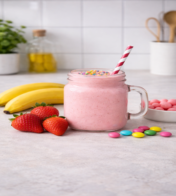Bubblegum Smoothie in een glas met fruit en snoepjes er om heen