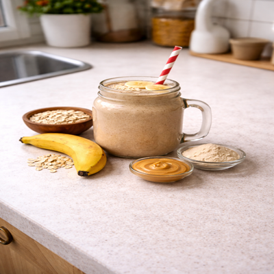 Een proteïne smoothie in een glas met veel eiwit en fruit