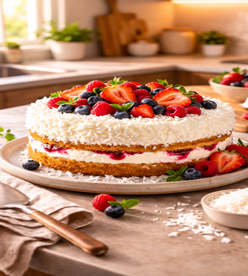 Coconut Berry Cake, luchtige cake met kokos en bessen, heerlijke zomerse bakkerijspecialiteit.