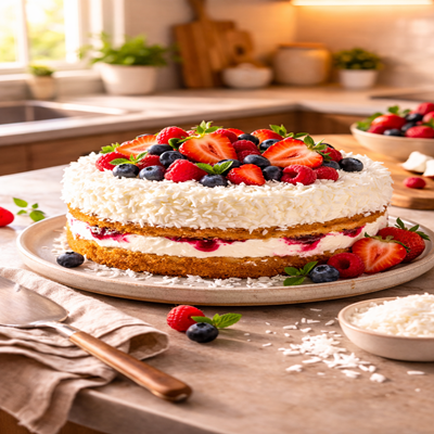 Coconut Berry Cake, luchtige cake met kokos en bessen, heerlijke zomerse bakkerijspecialiteit.