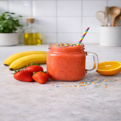 Disco Drink Smoothie in een glas met fruit en een rietje en wat snoepjes