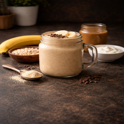 Fit fuel smoothie is een smoothie in een glas met veel proteïne en fruit