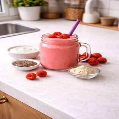 Framboos power smoothie is een krachtige smoothie met veel proteïne in een glas