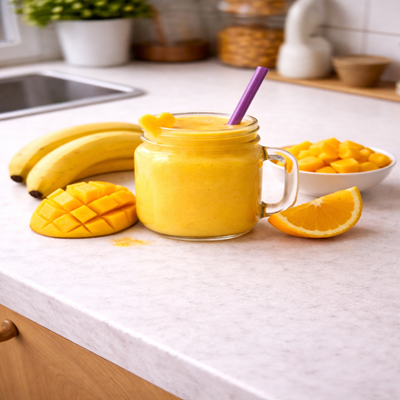 Romantische smoothie in een glas, gemaakt van banaan en mango