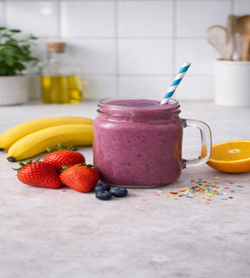 Eeen heerlijke smoothie in een glas met banaan aardbeien sinaasappel, deze smoothie is heerlijk voor tieners