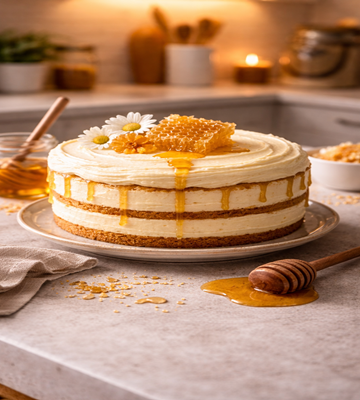Een zachte honing cake met romige mascarpone-honing crème en een vleugje citrus. Perfect voor verjaardagen, bruiloften of elk speciaal moment.