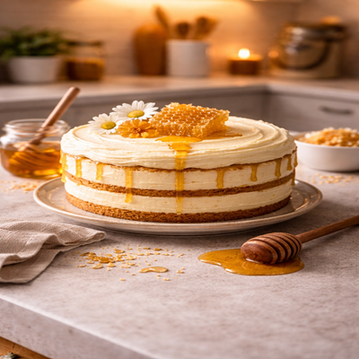 Een zachte honing cake met romige mascarpone-honing crème en een vleugje citrus. Perfect voor verjaardagen, bruiloften of elk speciaal moment.