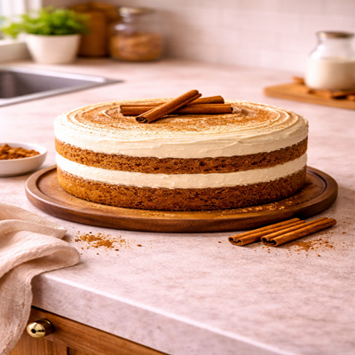 Een zachte kaneelcake gevuld met romige vanille room en een vleugje karamel. Perfect voor koude dagen of als elegante dessert taart bij de koffie.