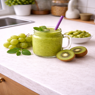 Romantische smoothie in een glas, gemaakt van kiwi en druiven