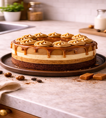 Een decadente laagjestaart met koffie spons, zijdezachte karamel botercrème en een glanzende karameldrip, een perfecte combinatie van bitter en zoet.