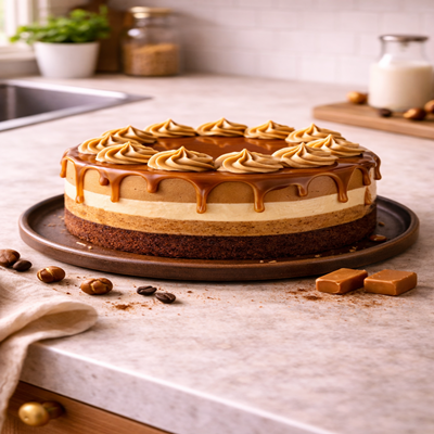 Een decadente laagjestaart met koffie spons, zijdezachte karamel botercrème en een glanzende karameldrip, een perfecte combinatie van bitter en zoet.