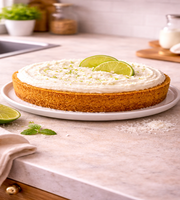 Limoen Kokostaart, frisse taart met limoen en kokos, tropische smaakvolle cake uit de bakkerij.