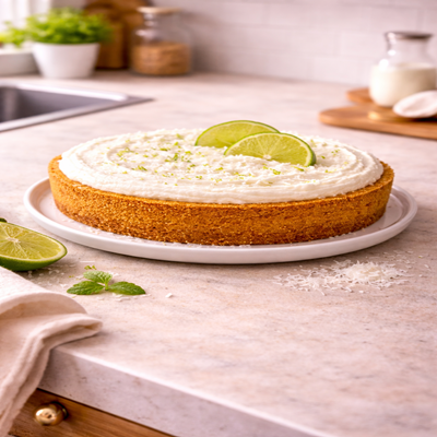 Limoen Kokostaart, frisse taart met limoen en kokos, tropische smaakvolle cake uit de bakkerij.