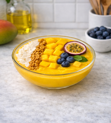 Mango Glow Bowl met tropische mango en fruit, frisse smoothie bowl
