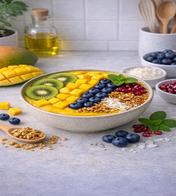 Mango Magic Bowl met tropische mango en fruit, frisse en gezonde smoothie bowl.