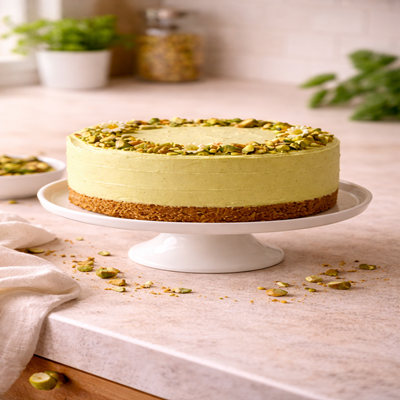 Pistache Party Cake, feestelijke cake met romige pistache en een knapperige bite, perfect voor elke gelegenheid