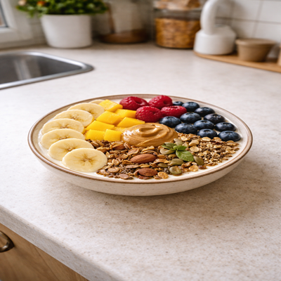 Proteïne Boost Bowl met yoghurt, fruit en eiwit, voedzame proteïne bowl