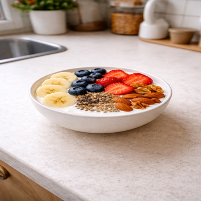 Eiwitrijke Protein Power Bowl met gezonde toppings , perfecte post-workout maaltijd.