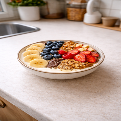 Strong Start Bowl met proteïne en fruit, gezonde eiwitrijke proteïne bowl.