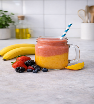 Een heerlijke tiener smootie in een glas met banaan, aarbeien, mango, bramen en blauwe bessen