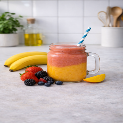 Een heerlijke tiener smootie in een glas met banaan, aarbeien, mango, bramen en blauwe bessen