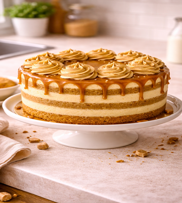 Een luchtige vanille taart met een romige toffee crème en een rijke karameldrip. Deze taart is een echte blikvanger voor verjaardagen, feestdagen of speciale gelegenheden.