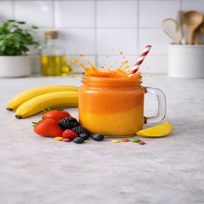 Volcano Blast Smoothie in een glas en en fruit er om heen