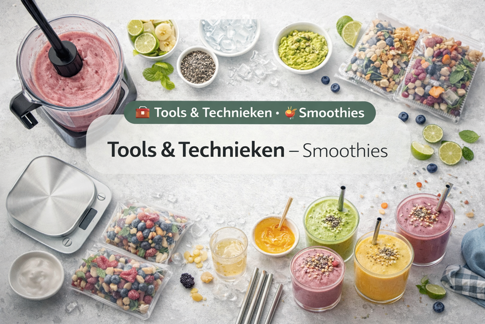 Overzicht van smoothie-tools en technieken zoals blender, vers en bevroren fruit en romige smoothies in glazen, klaar om te mixen.