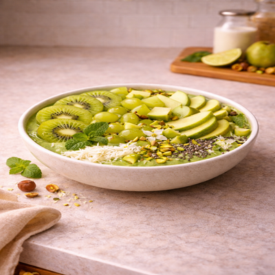 De Green Glow Bowl straalt frisheid en energie uit! Deze groene bowl combineert sappig fruit, romige yoghurt en voedzame toppings