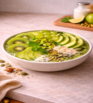 De Green Jewel Bowl is een frisse, groene ontbijt bowl boordevol vitamines, vezels en gezonde vetten. Met kiwi, groene appel, druiven en avocado