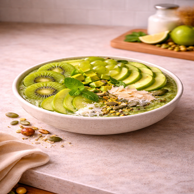 De Green Jewel Bowl is een frisse, groene ontbijt bowl boordevol vitamines, vezels en gezonde vetten. Met kiwi, groene appel, druiven en avocado