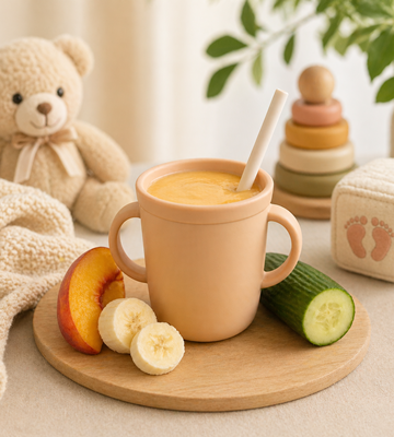 De Baby Steps Smoothie is zacht, romig en vriendelijk voor kleine buikjes. Met banaan, perzik en courgette is mild van smaak en zit hij vol vitamines