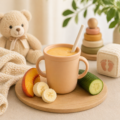 De Baby Steps Smoothie is zacht, romig en vriendelijk voor kleine buikjes. Met banaan, perzik en courgette is mild van smaak en zit hij vol vitamines