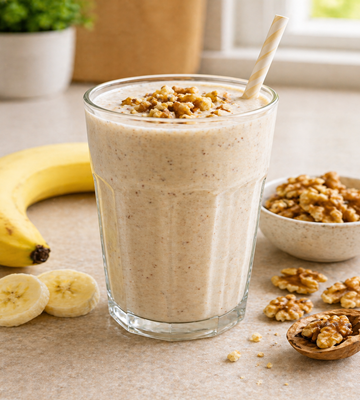 Milkshake met banaan en walnoten in glas